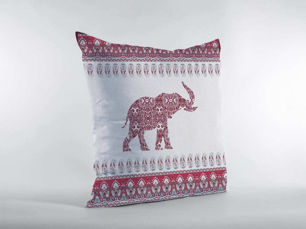 18” Red White Ornate Elephant Zippered Suede Throw Pillow - Homeroots - Flyclothing LLC