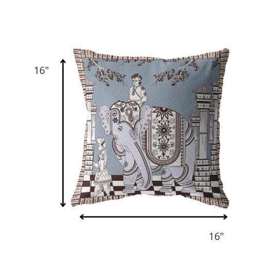 16” Blue Brown Ornate Elephant Zippered Suede Throw Pillow - Homeroots - Flyclothing LLC