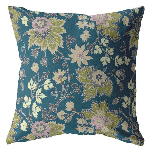 16” Teal Green Jacobean Zippered Suede Throw Pillow - Homeroots - Flyclothing LLC