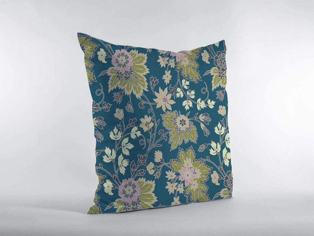18” Teal Green Jacobean Zippered Suede Throw Pillow - Homeroots - Flyclothing LLC