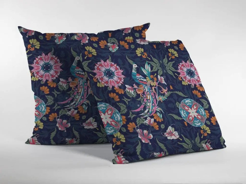 16" Navy Pink Peacock Zippered Suede Throw Pillow - Homeroots - Flyclothing LLC