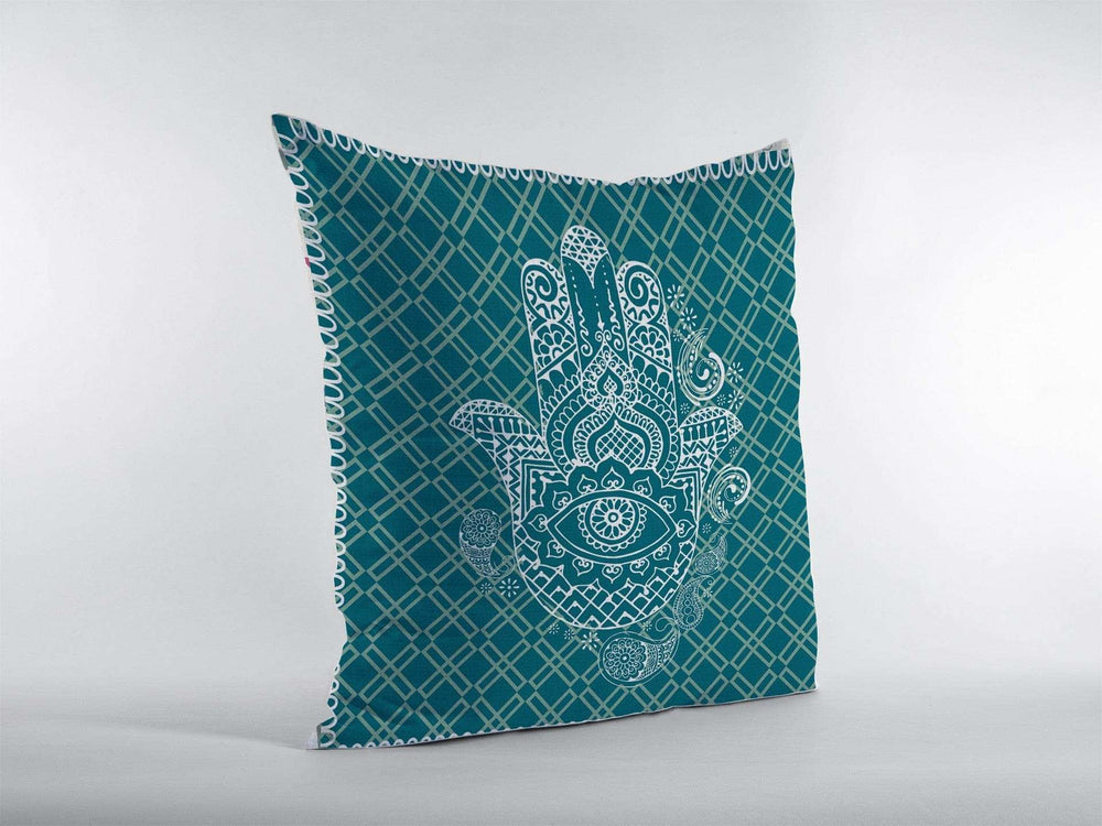 18” Teal White Hamsa Suede Zippered Throw Pillow - Homeroots - Flyclothing LLC