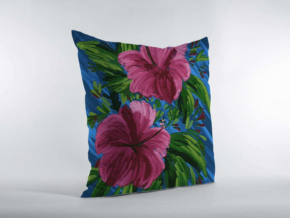16” Pink Blue Hibiscus Zippered Suede Throw Pillow - Homeroots - Flyclothing LLC