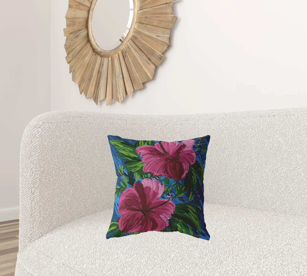 18” Pink Blue Hibiscus Zippered Suede Throw Pillow - Homeroots - Flyclothing LLC