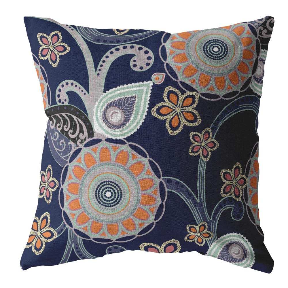 16” Indigo Orange Floral Suede Zippered Throw Pillow - Homeroots - Flyclothing LLC