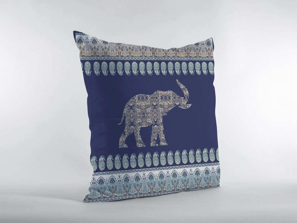16” Navy Ornate Elephant Zippered Suede Throw Pillow - Homeroots - Flyclothing LLC