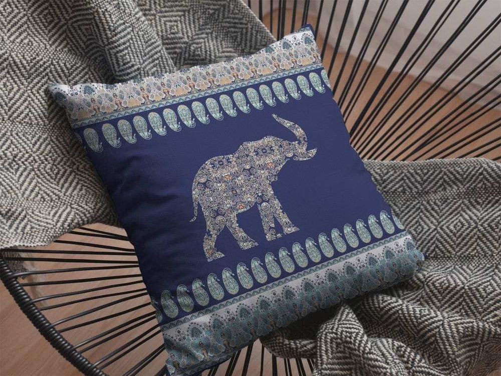 18” Navy Ornate Elephant Zippered Suede Throw Pillow - Homeroots - Flyclothing LLC