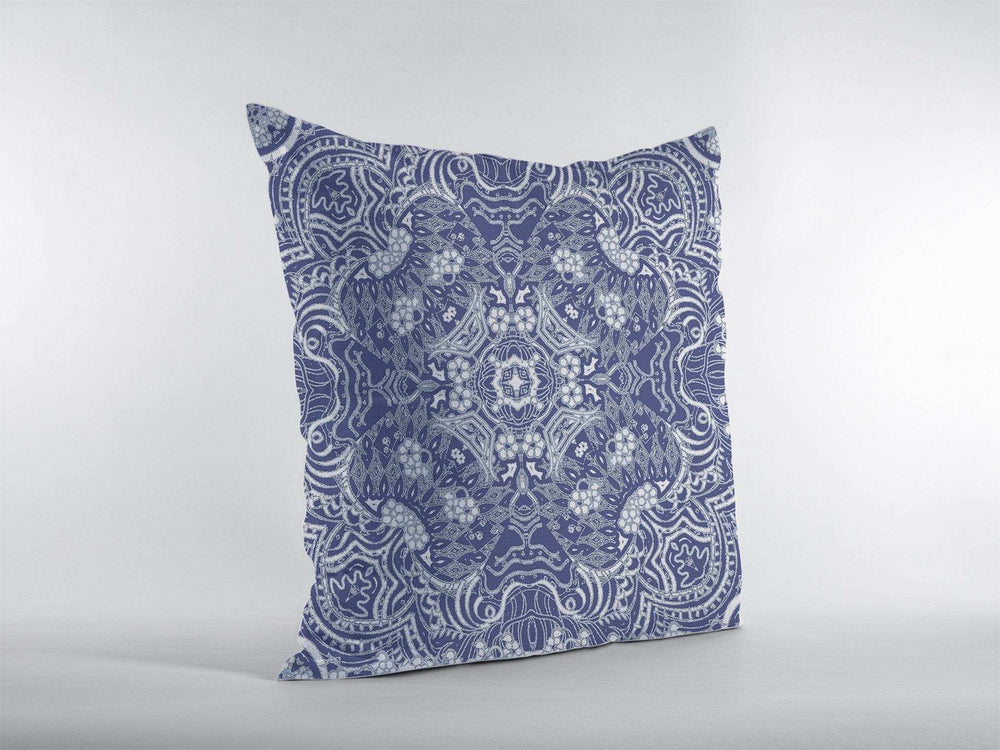 16” Indigo White Boho Ornate Zippered Suede Throw Pillow - Homeroots - Flyclothing LLC