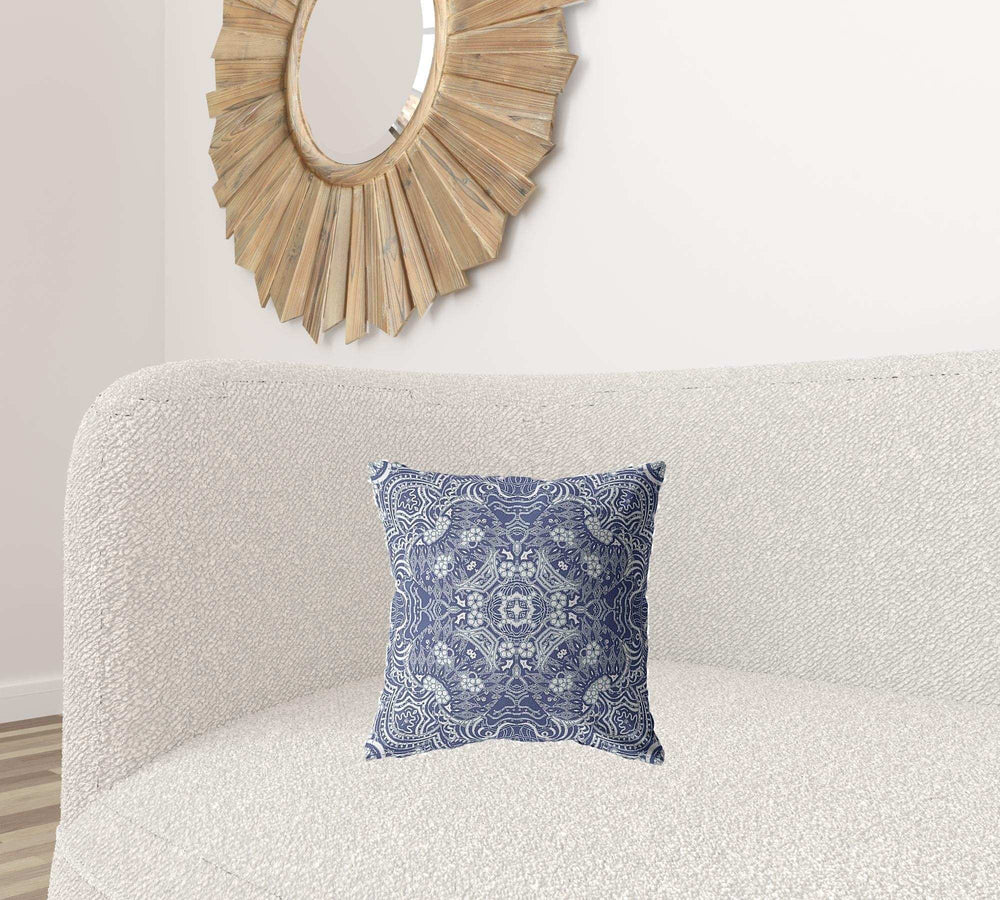 16” Indigo White Boho Ornate Zippered Suede Throw Pillow - Homeroots - Flyclothing LLC