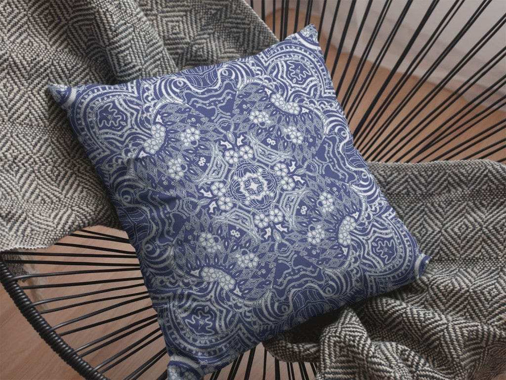 18” Indigo White Boho Ornate Zippered Suede Throw Pillow - Homeroots - Flyclothing LLC