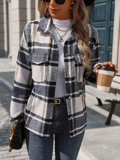Plaid Button Up Drop Shoulder Jacket - Trendsi - Flyclothing LLC