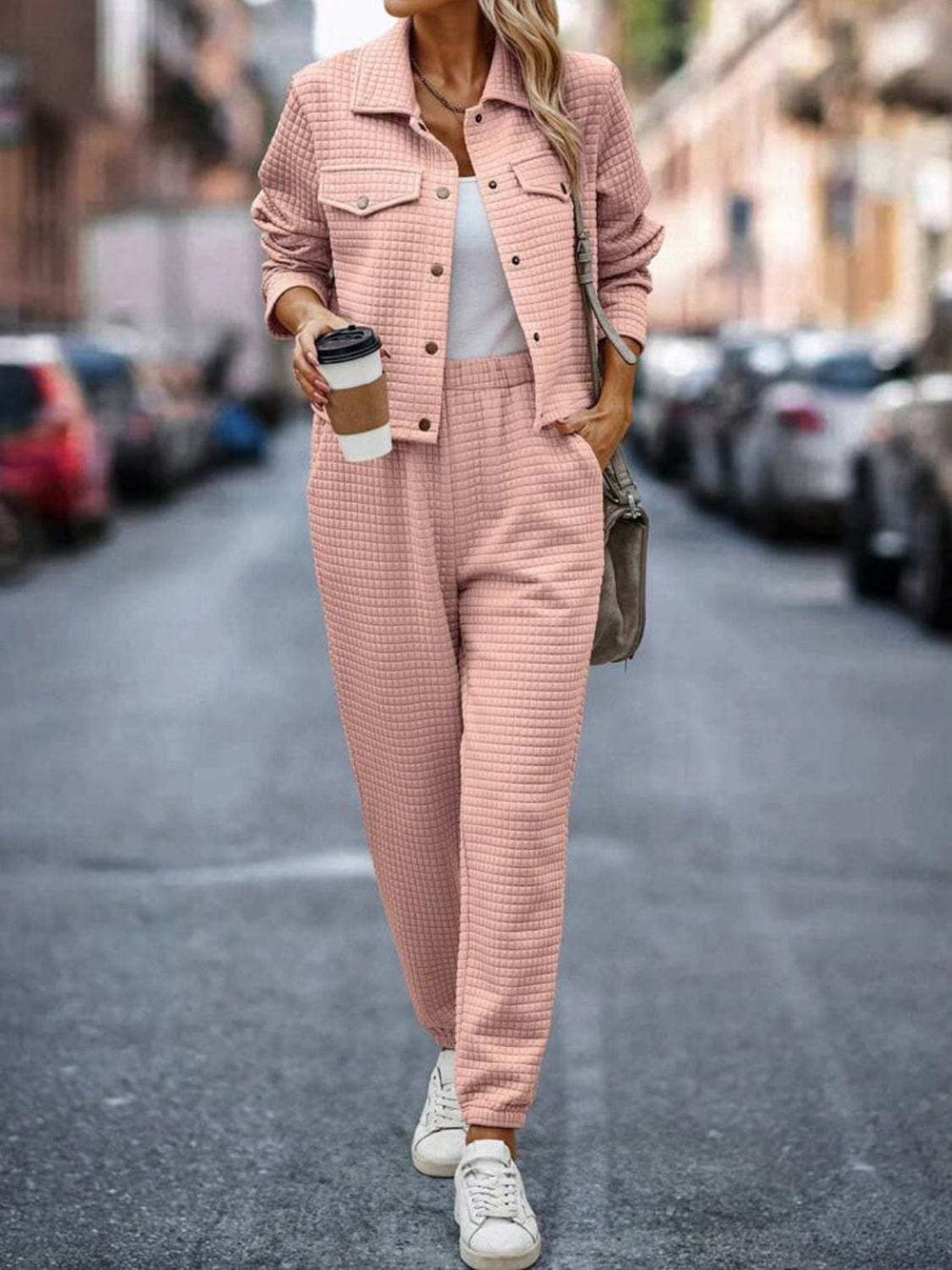 Plaid Texture Snap Down Top and Pants Set - Trendsi - Flyclothing LLC