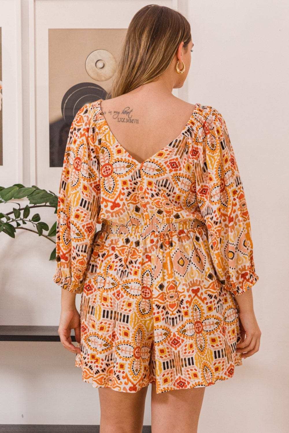 ODDI Full Size Printed Ruff Sleeve Romper with Pockets - Trendsi - Flyclothing LLC