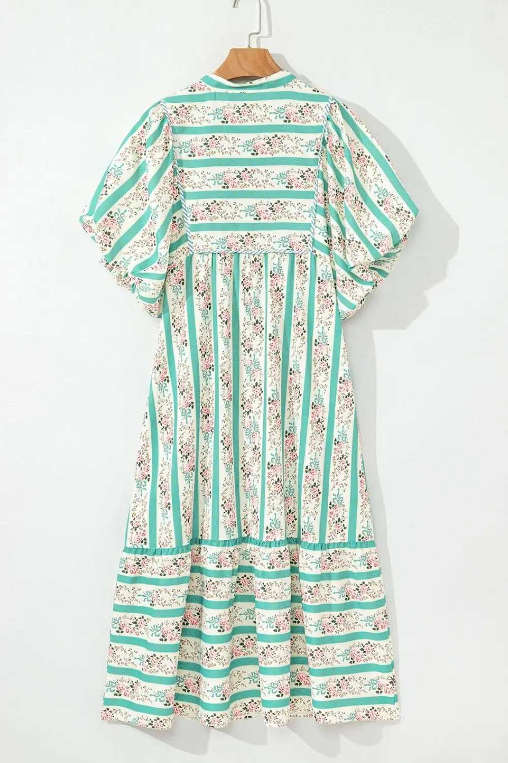 Striped Floral Print Tie Neck Puff Sleeve Midi Dress - Trendsi - Flyclothing LLC