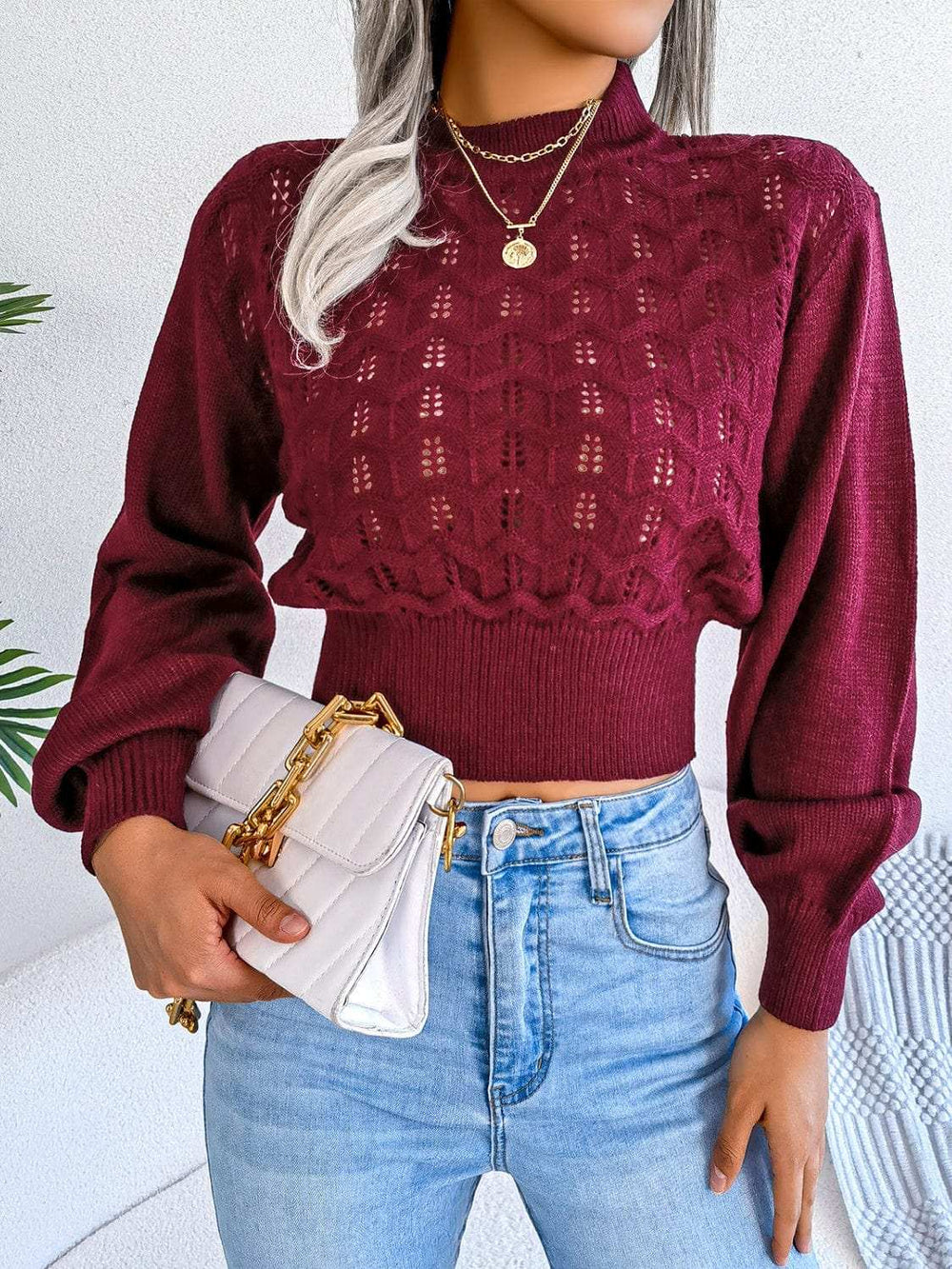 Openwork Mock Neck Long Sleeve Cropped Sweater - Trendsi - Flyclothing LLC