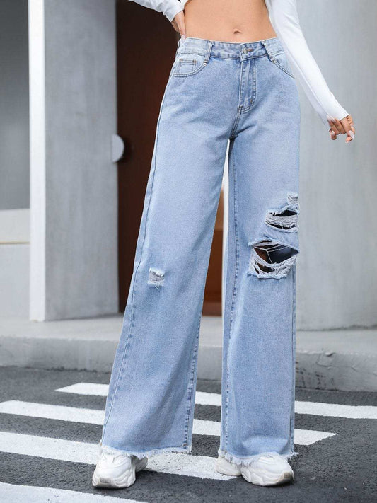 Distressed Raw Hem Wide Leg Jeans - Trendsi - Flyclothing LLC