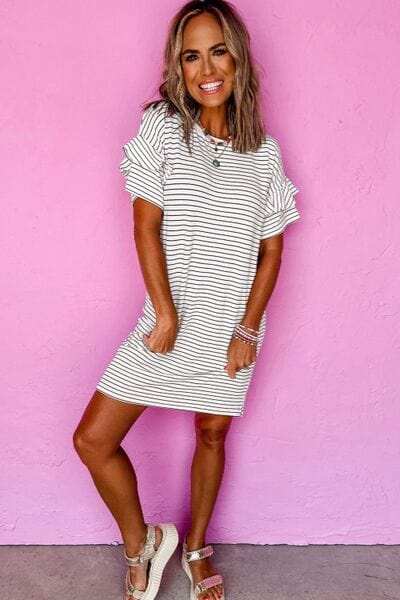 Stripe Round Neck Short Sleeve Mini Dress - Trendsi - Flyclothing LLC