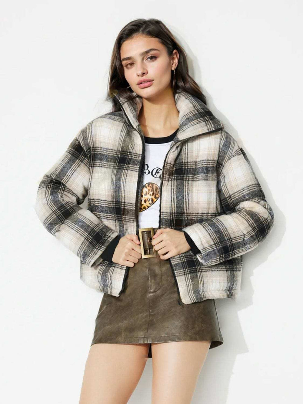 Plaid Zip Up Long Sleeve Jacket - Trendsi - Flyclothing LLC