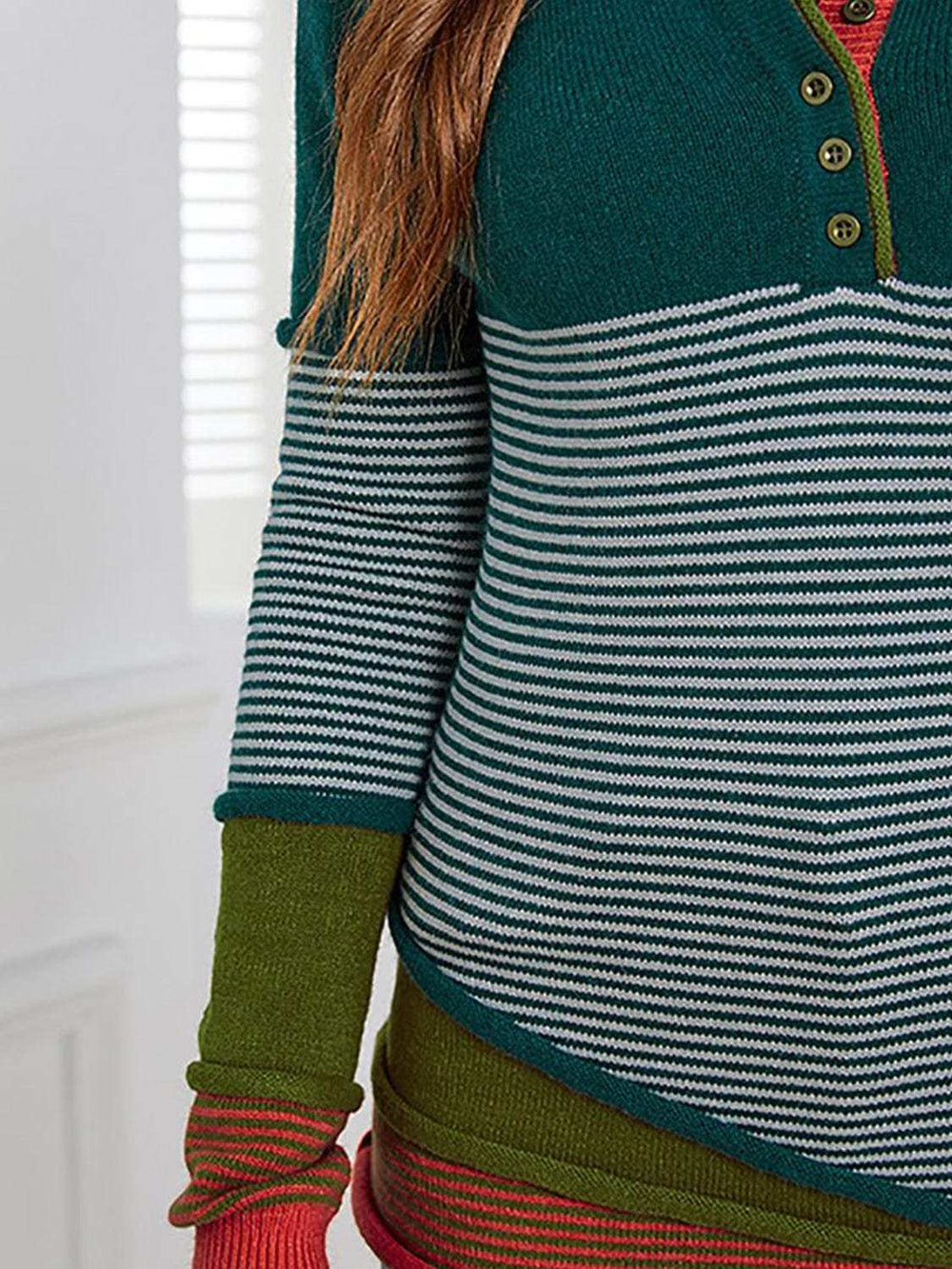 Striped Contrast Notched Long Sleeve Sweater - Trendsi - Flyclothing LLC