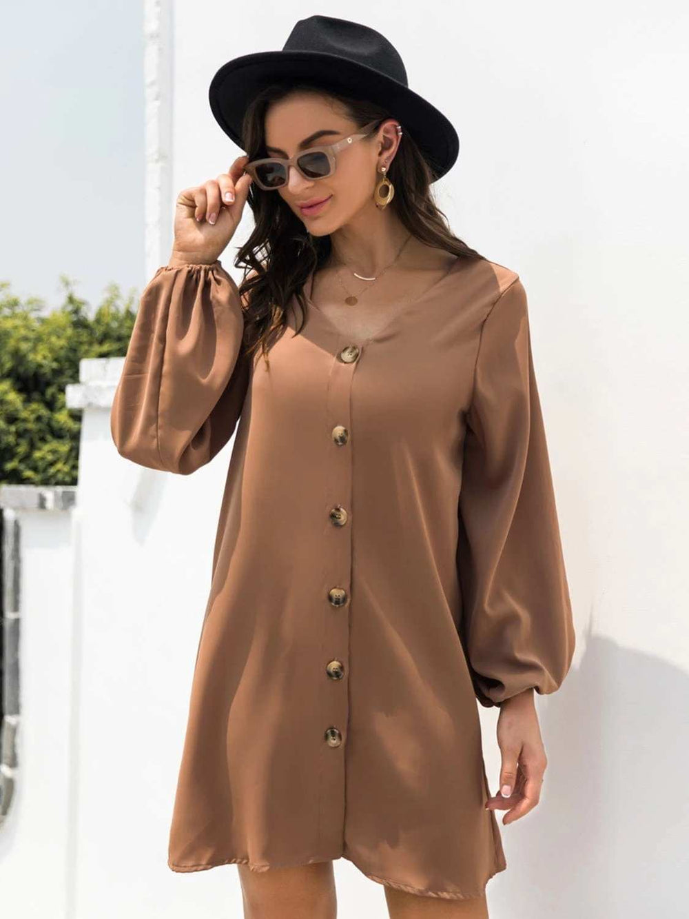 V-Neck Long Sleeve Mini Dress - Trendsi - Flyclothing LLC