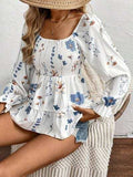 Smocked Floral Scoop Neck Flounce Sleeve Blouse - Trendsi - Flyclothing LLC
