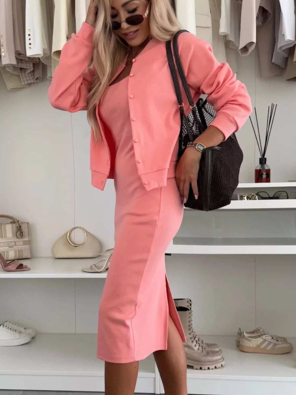 Full Size Slit Square Neck Dress and Outerwear Set Plus Size - Trendsi - Flyclothing LLC