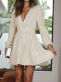 Ruched V-Neck Balloon Sleeve Mini Dress - Trendsi - Flyclothing LLC