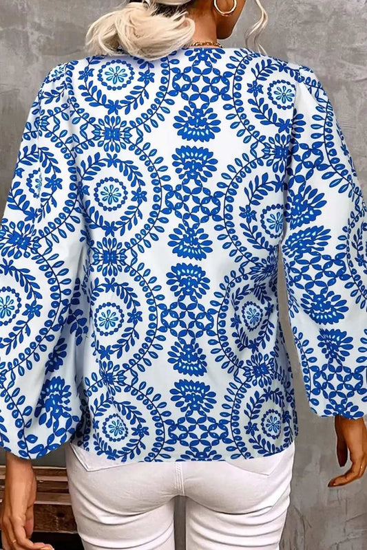 Printed Notched Long Sleeve Blouse - Trendsi - Flyclothing LLC