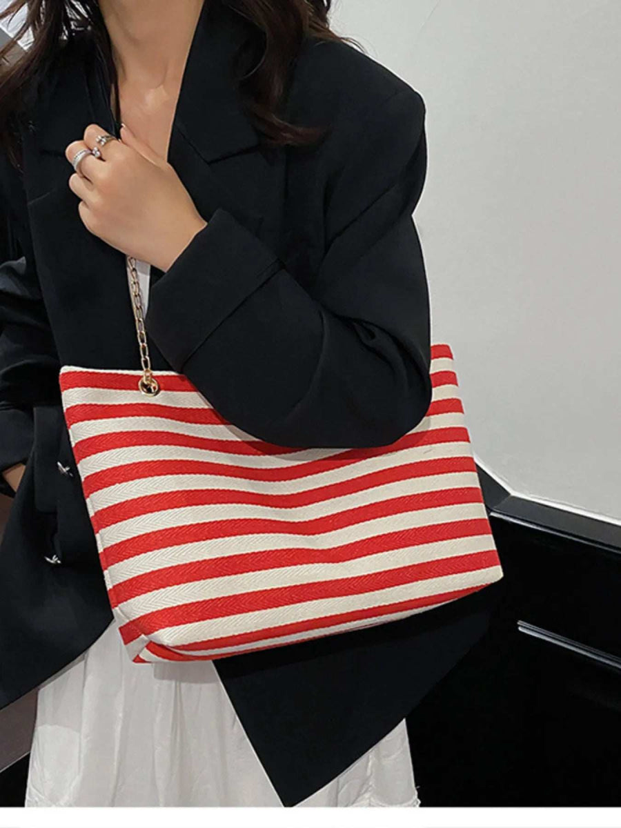 Striped Shoulder Bag with Chain Detail - Trendsi - Flyclothing LLC