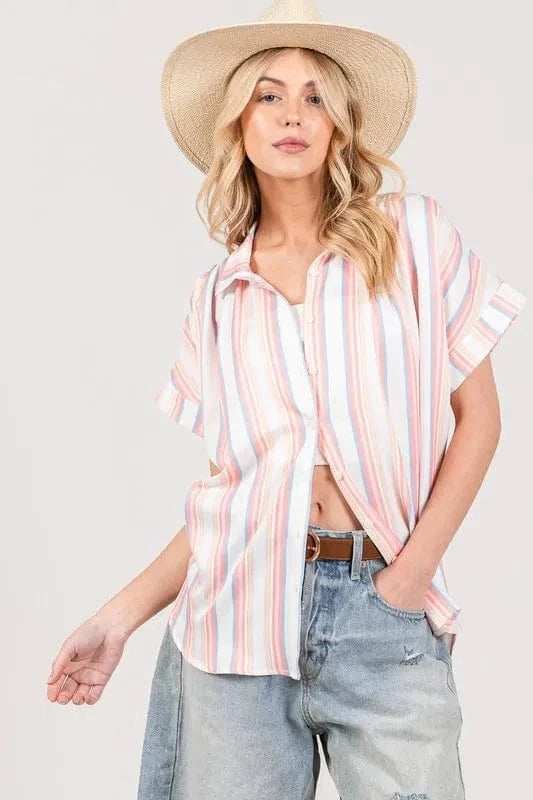 SAGE+FIG Full Size Multi Stripe Button Down Short Sleeve Shirt Plus Size - Trendsi - Flyclothing LLC
