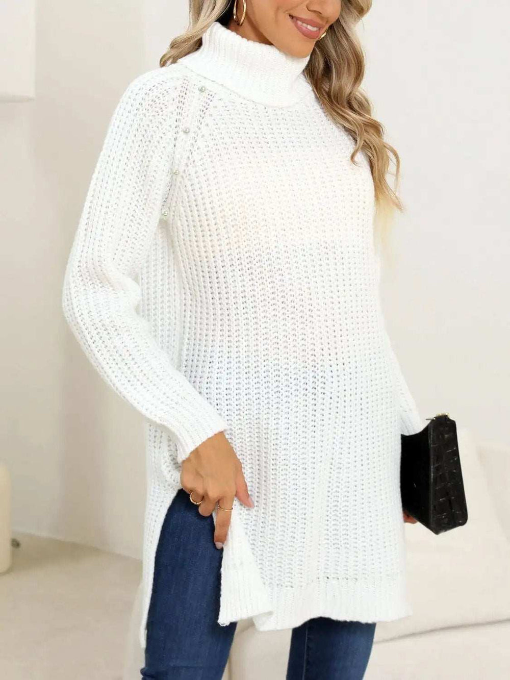 Slit Turtleneck Long Sleeve Sweater - Trendsi - Flyclothing LLC