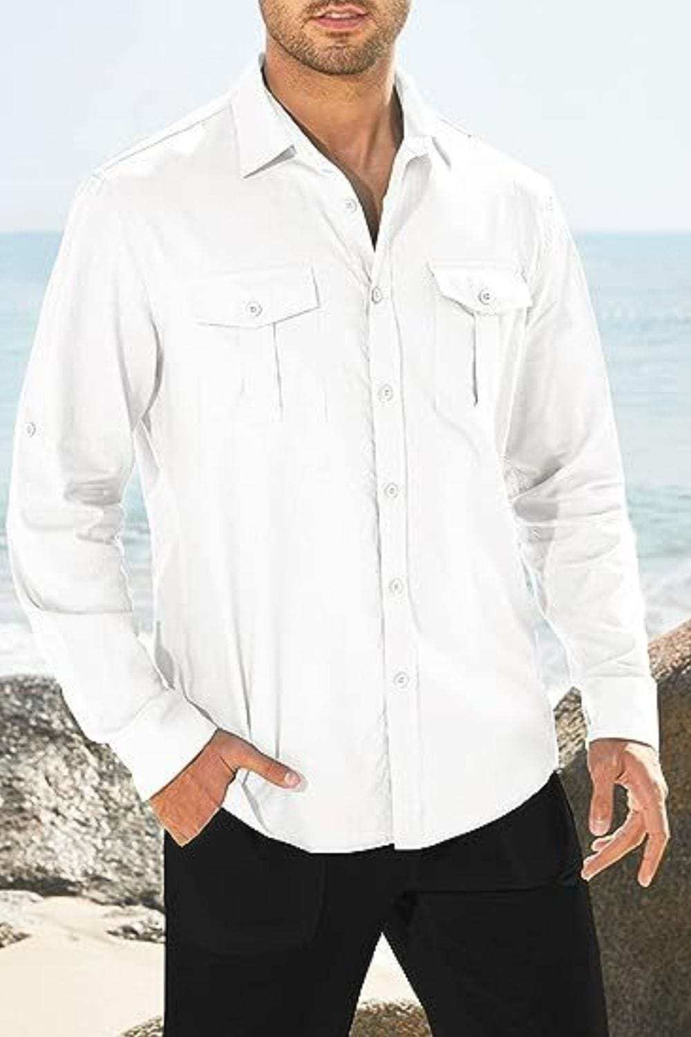 Men's Plus Size Button Down Collared Neck Long Sleeve Shirt - Trendsi - Flyclothing LLC
