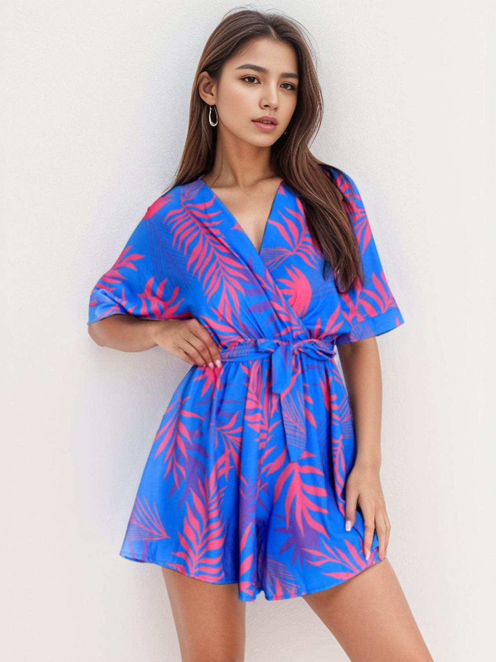 Printed Surplice Half Sleeve Romper - Trendsi - Flyclothing LLC