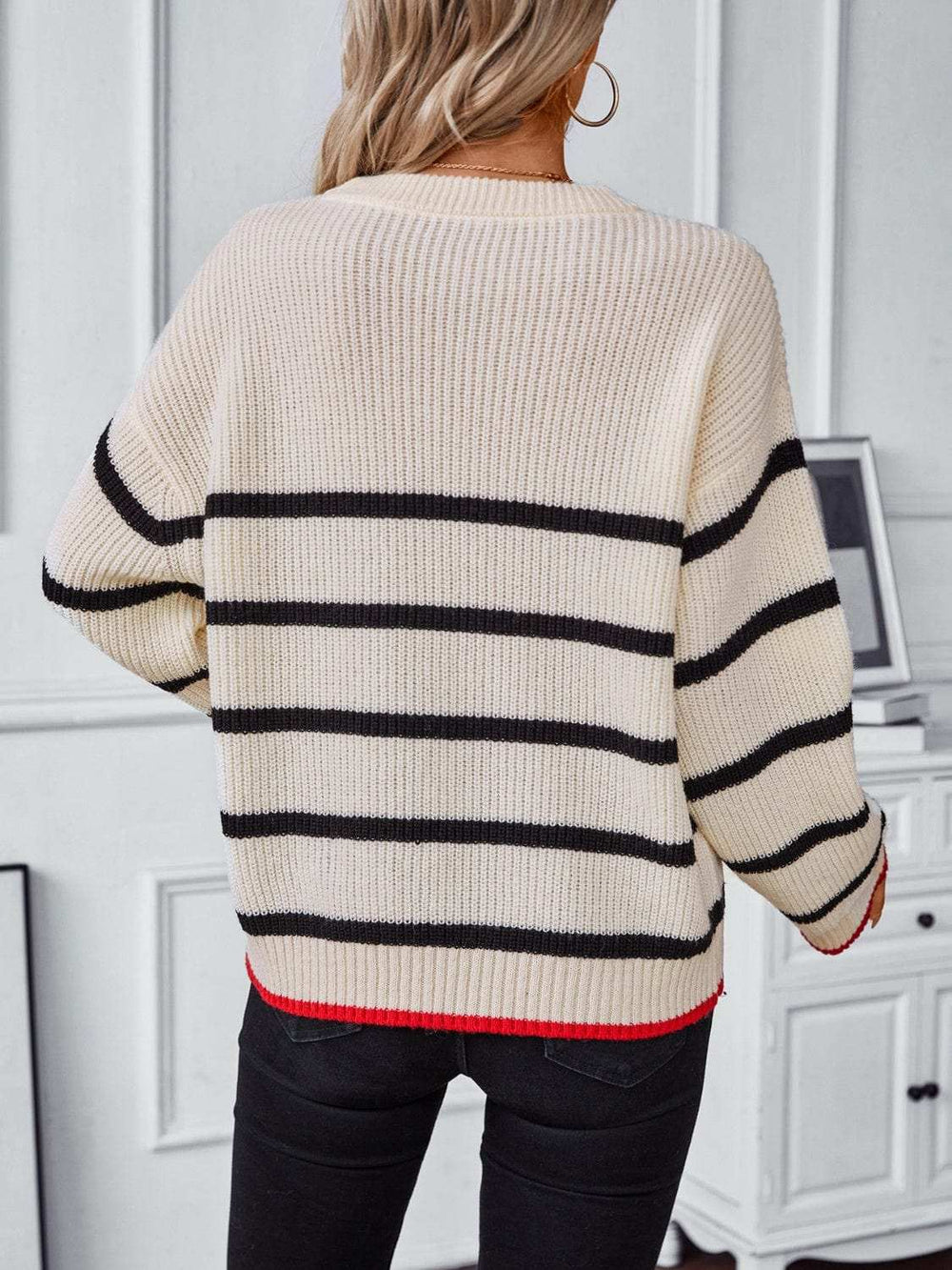 Striped Round Neck Dropped Shoulder Sweater - Trendsi - Flyclothing LLC