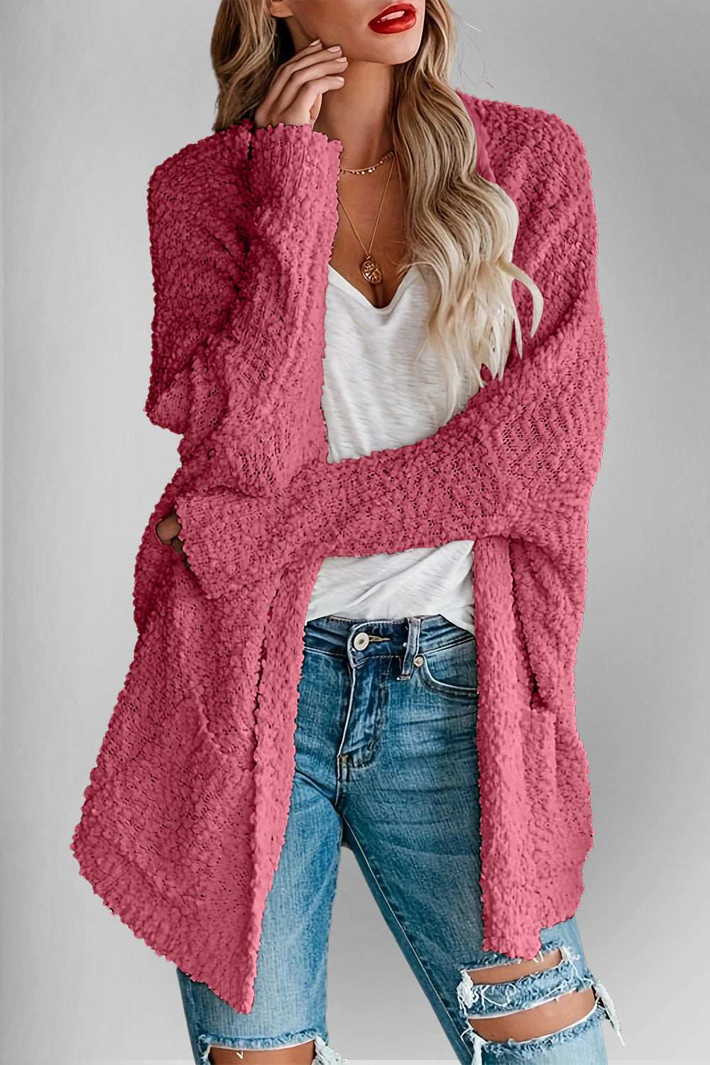 Double Take Pocketed Open Front Long Sleeve Cardigan - Trendsi - Flyclothing LLC
