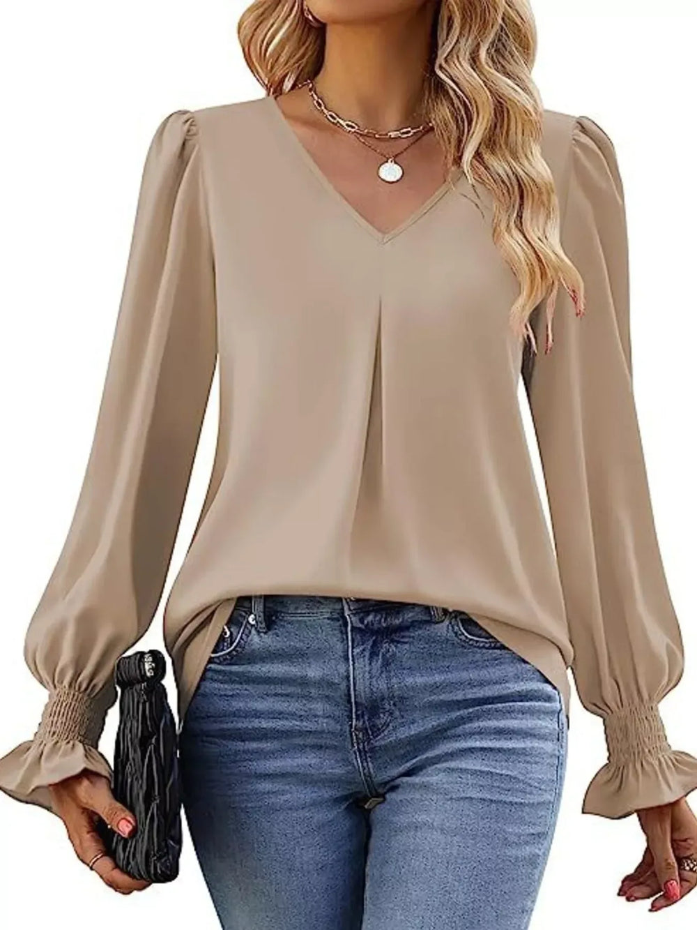 V-Neck Long Sleeve Ruffle Cuff Blouse - Trendsi - Flyclothing LLC