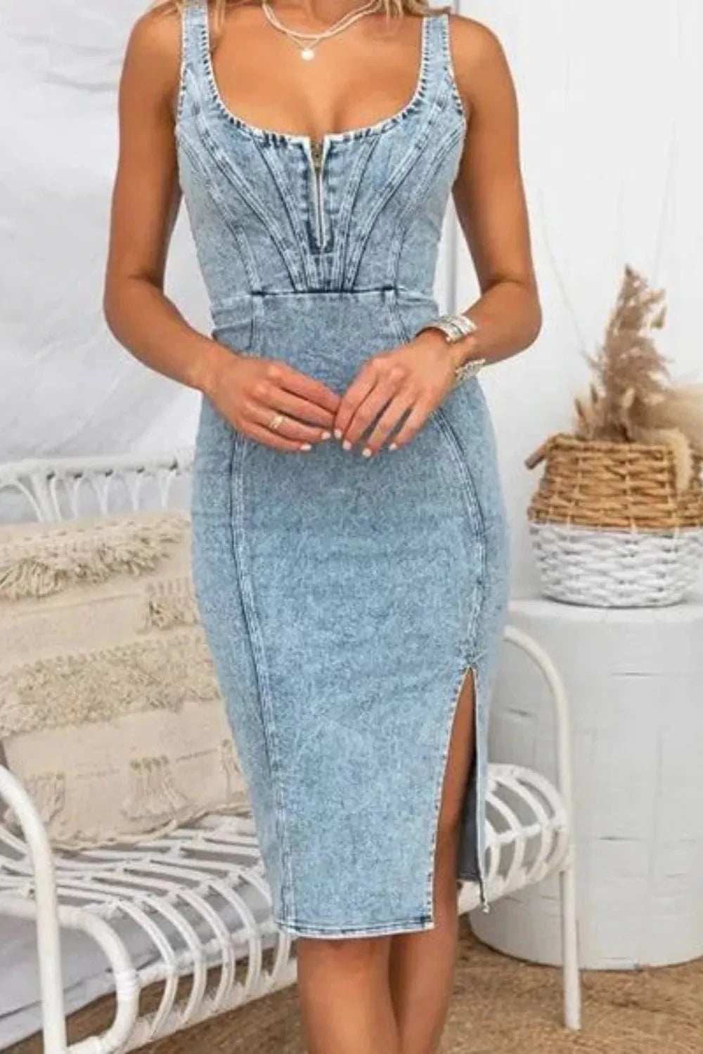 Side Slit Washed Scoop Neck Denim Dress - Trendsi - Flyclothing LLC