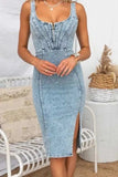 Side Slit Washed Scoop Neck Denim Dress - Trendsi - Flyclothing LLC