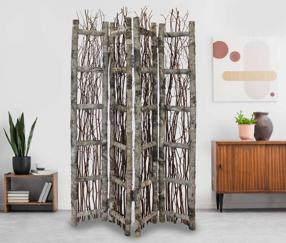 Earthy Birch and Twig Four Panel Room Divider Screen - Homeroots - Flyclothing LLC