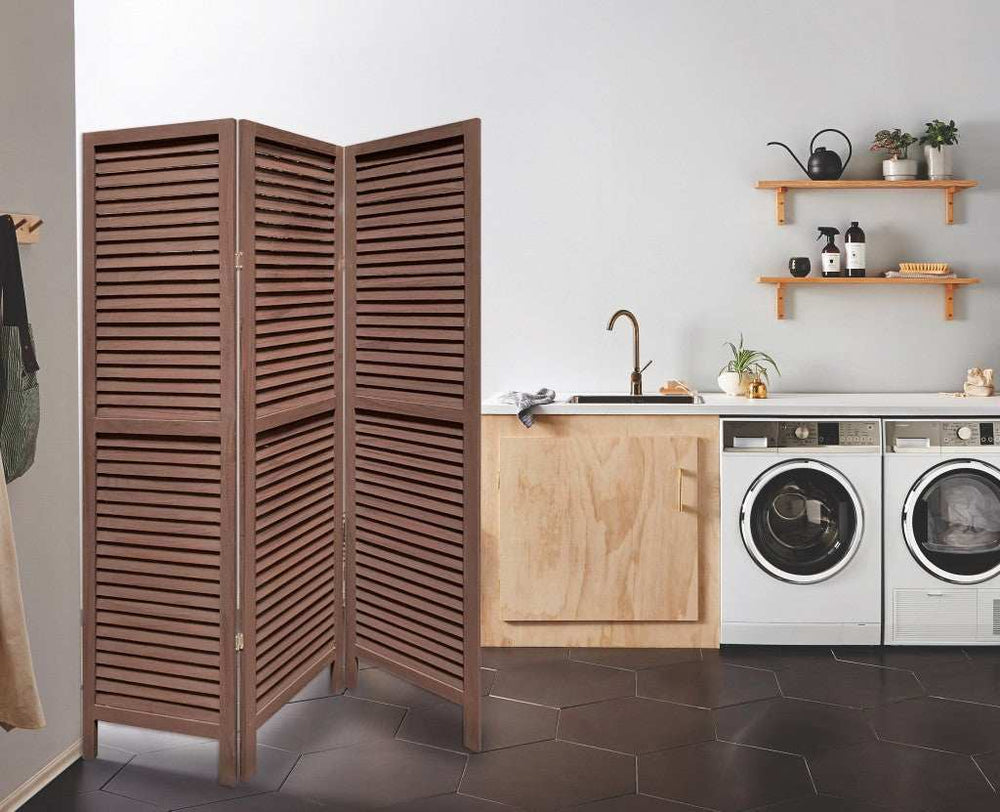 Stylish Three Panel Washed Brown Shutter Divider Screen - Homeroots - Flyclothing LLC