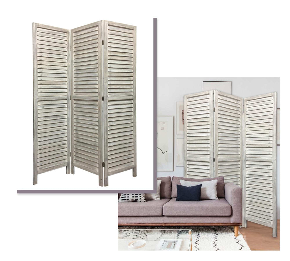 Stylish Three Panel Washed White Shutter Divider Screen - Homeroots - Flyclothing LLC