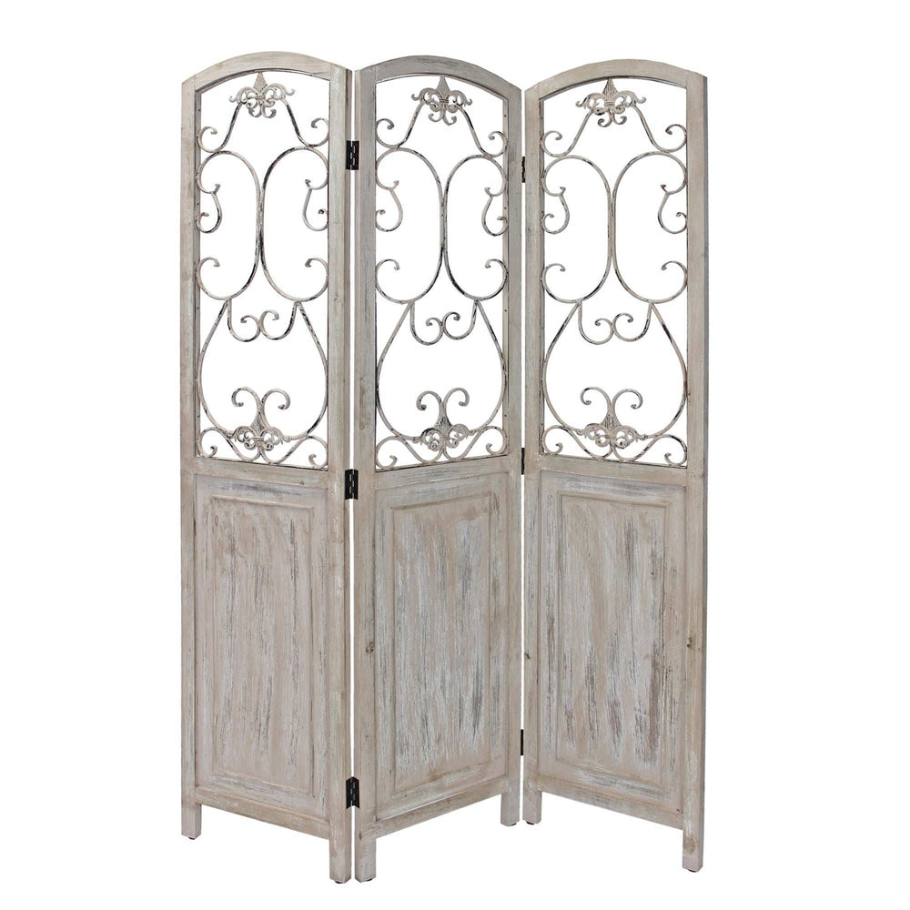 Romantic Whitewashed Scroll Three Panel Room Divider Screen - Homeroots - Flyclothing LLC