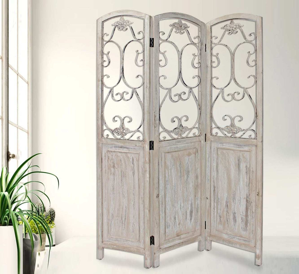 Romantic Whitewashed Scroll Three Panel Room Divider Screen - Homeroots - Flyclothing LLC
