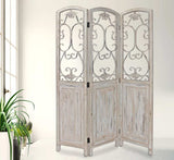 Romantic Whitewashed Scroll Three Panel Room Divider Screen - Homeroots - Flyclothing LLC