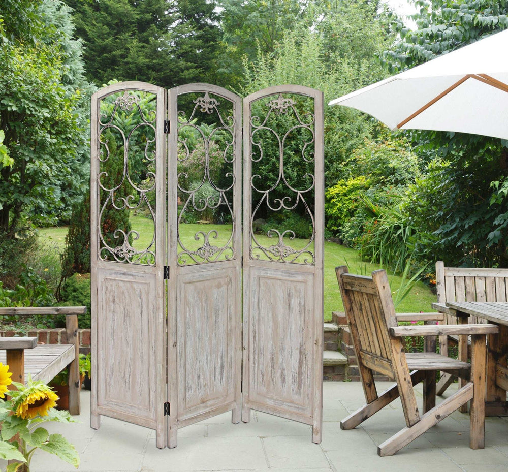 Romantic Whitewashed Scroll Three Panel Room Divider Screen - Homeroots - Flyclothing LLC