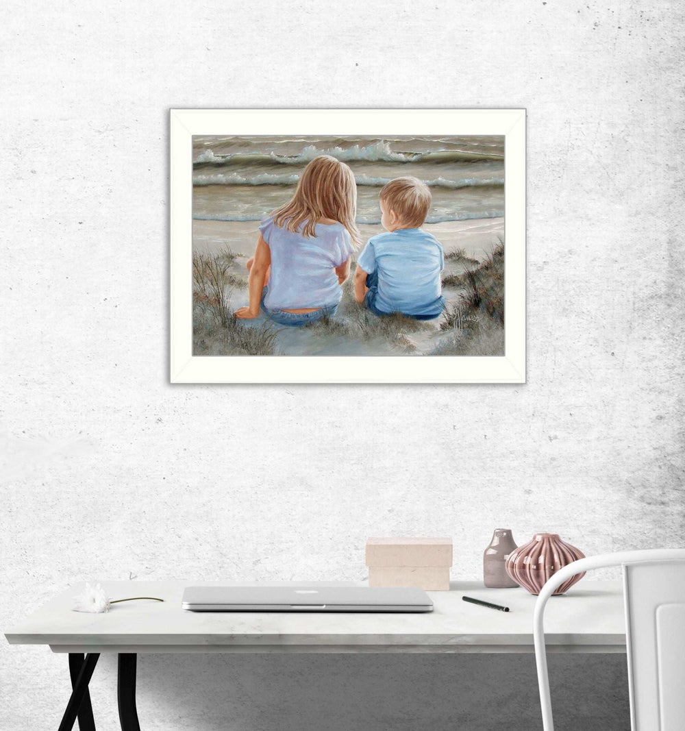 Boy and Girl Sitting White Framed Print Wall Art - Homeroots - Flyclothing LLC