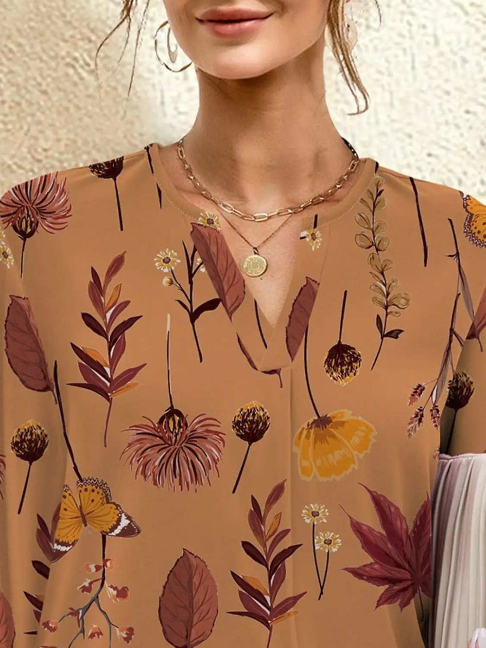 FAM-FAM Printed Notched Long Sleeve Blouse - Trendsi - Flyclothing LLC