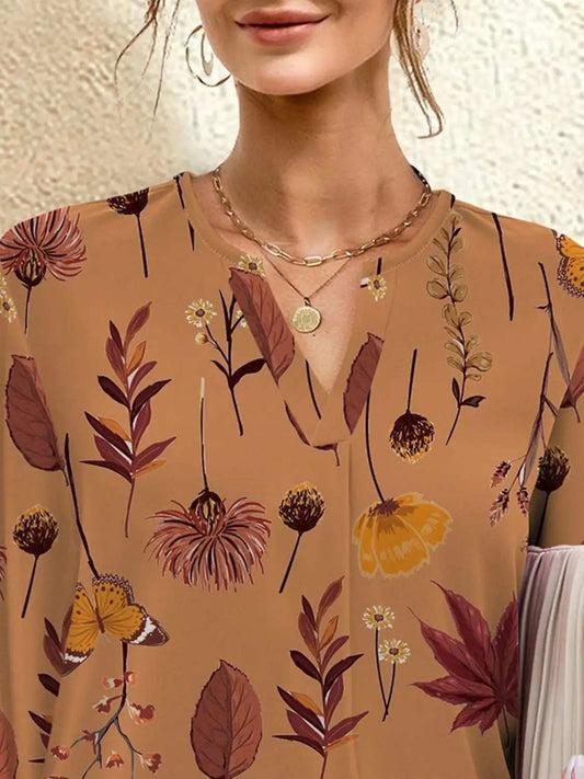 FAM-FAM Printed Notched Long Sleeve Blouse - Trendsi - Flyclothing LLC