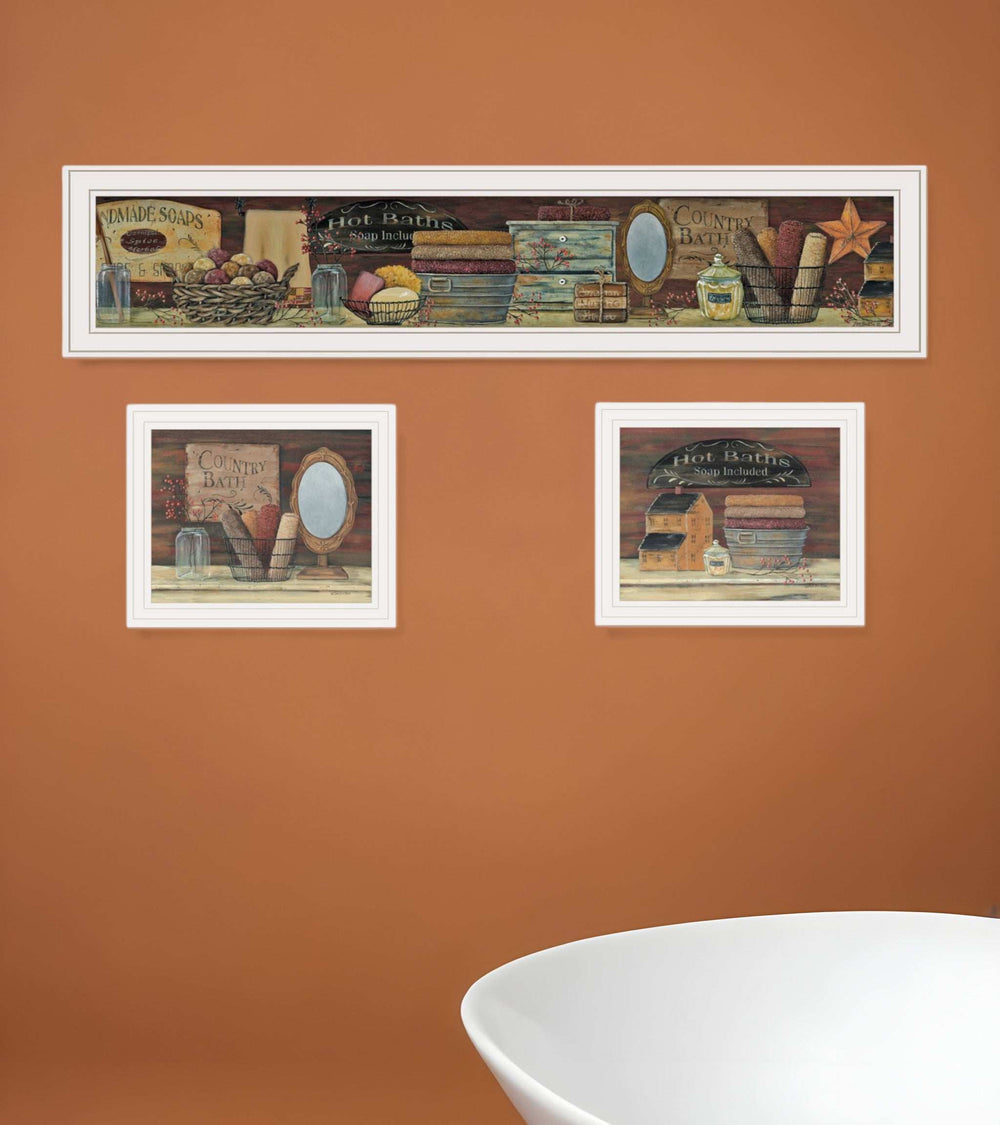 Set Of Three COUNTRY BATH White Framed Print Bathroom Wall Art - Homeroots - Flyclothing LLC