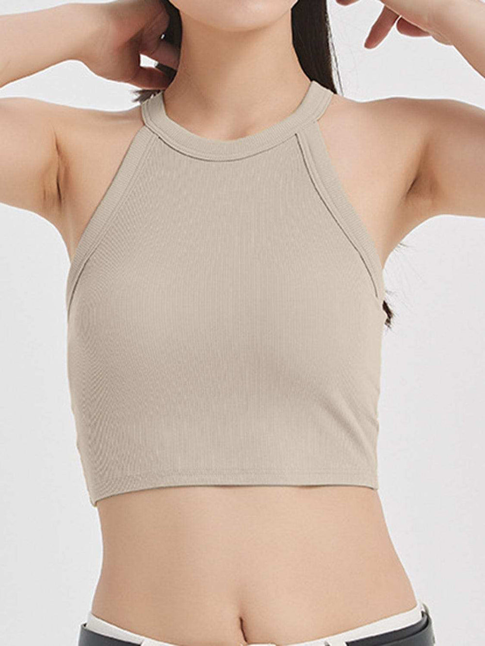 Ribbed Grecian Neck Cropped Tank with Chest Pads - Trendsi - Flyclothing LLC